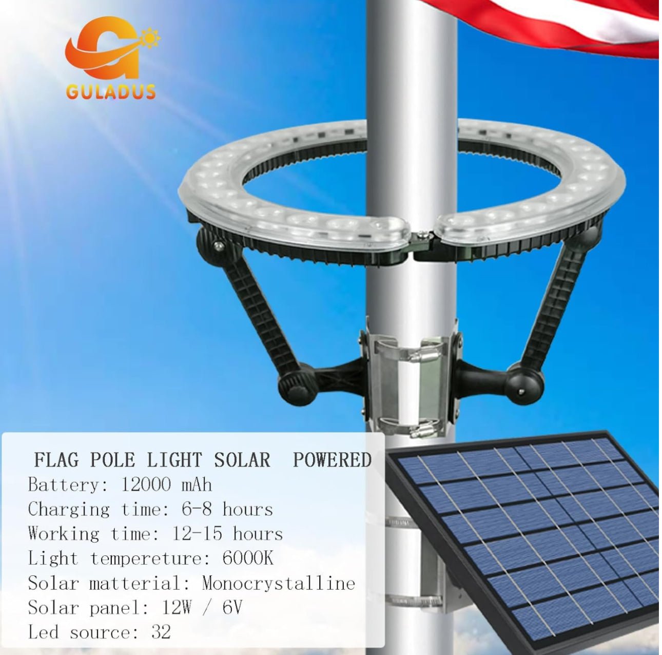 Flagpole Solar Light 4640 Lumen 12000mAh Rechargeable Battery Flag Pole Light Solar Powered 32 Brightest LED Outdoor Waterproof Fits Diameter 2-6 in Flagpoles Work up to 16 Hours Flag Lights - Outdoor Solar Outlet