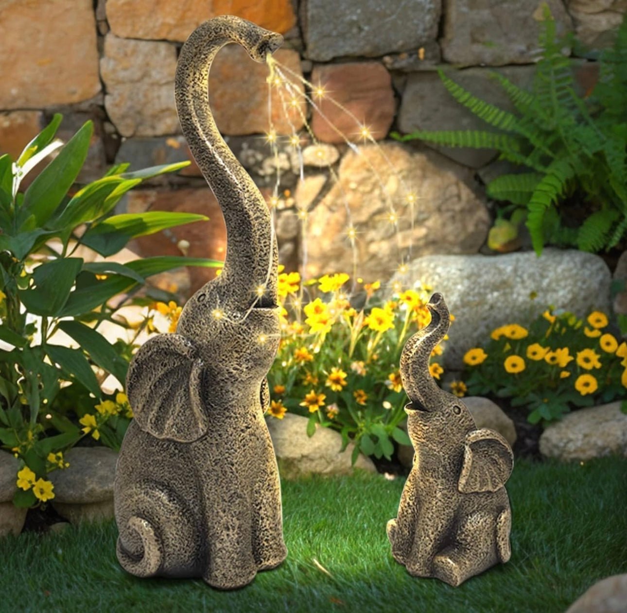 Garden Statues Elephant Decor with LED Solar Lights - Set of 2 Good Luck Christmas Elephant - Outdoor Solar Outlet