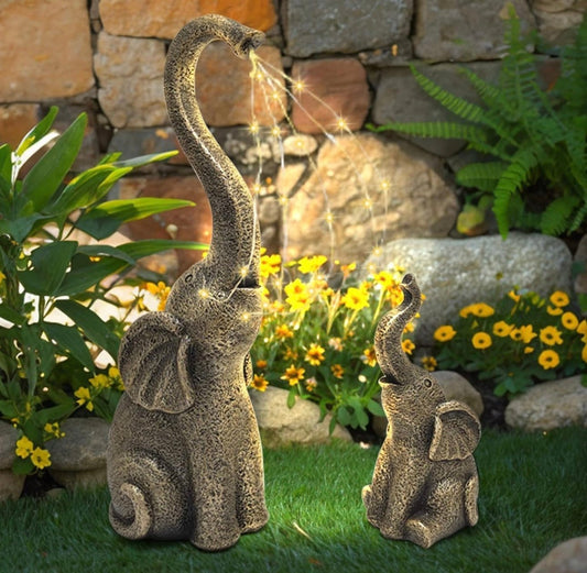 Garden Statues Elephant Decor with LED Solar Lights - Set of 2 Good Luck Christmas Elephant - Outdoor Solar Outlet