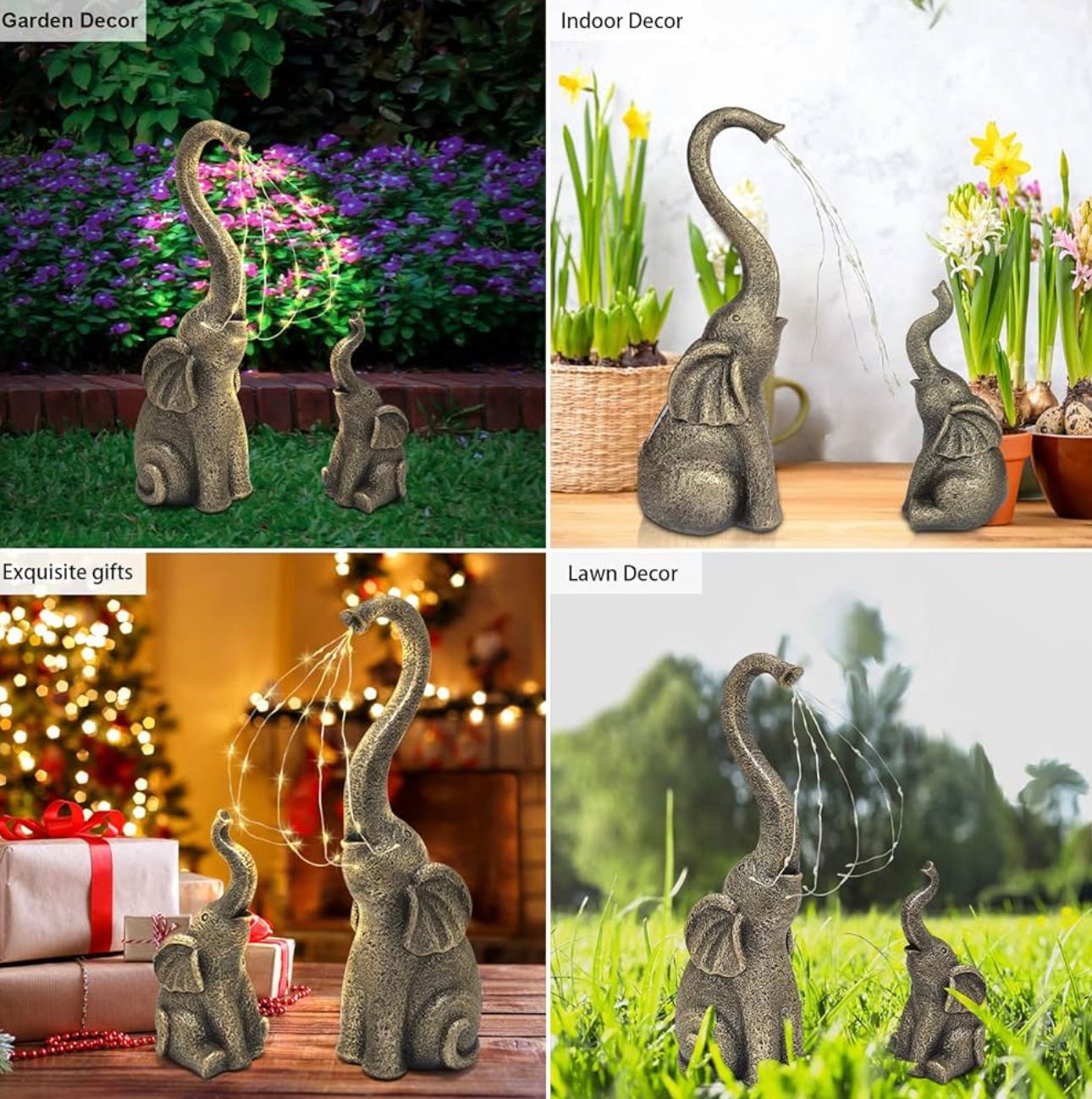 Garden Statues Elephant Decor with LED Solar Lights - Set of 2 Good Luck Christmas Elephant - Outdoor Solar Outlet