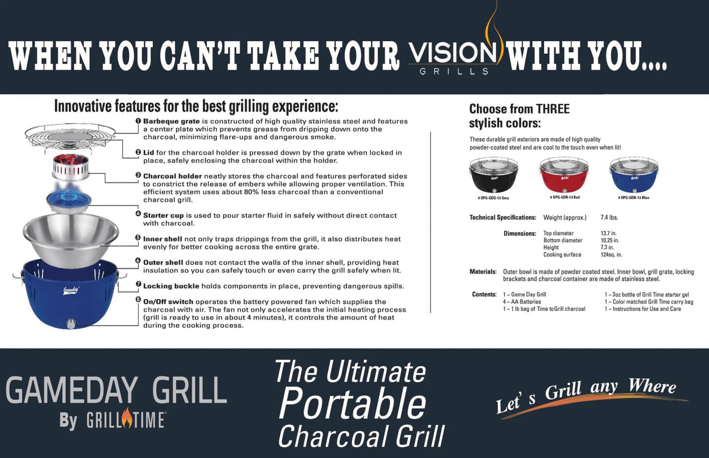 Grill Time Tailgater GTX Portable Charcoal Grill with Glass Hood Perfect for Camping Accessories - Outdoor Solar Outlet