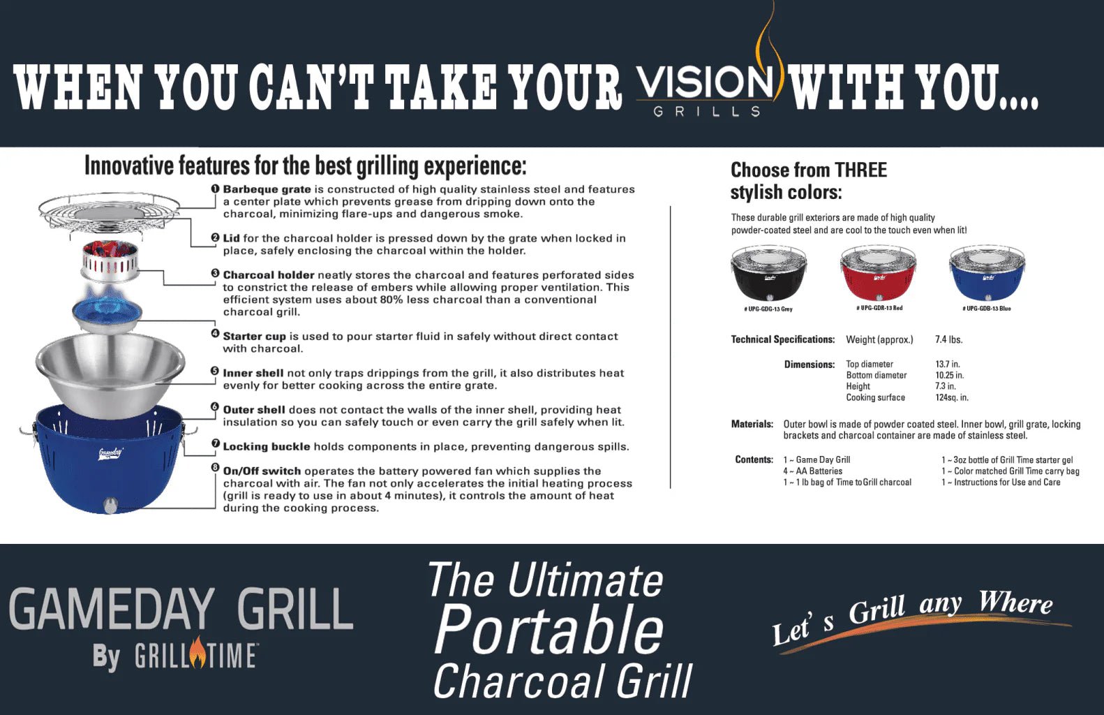 Grill Time Tailgater GTX Portable Charcoal Grill with Glass Hood Perfect for Camping Accessories - Outdoor Solar Outlet