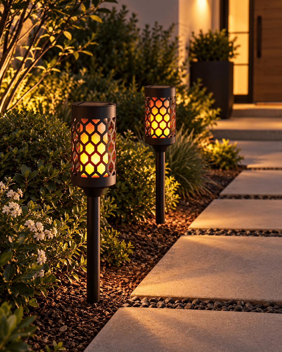 High End Solar Pathway Torch Lights 2-Pack – 20 Lumen, Flickering Flame, Die-Cast Aluminum & Glass - Outdoor Solar Outlet