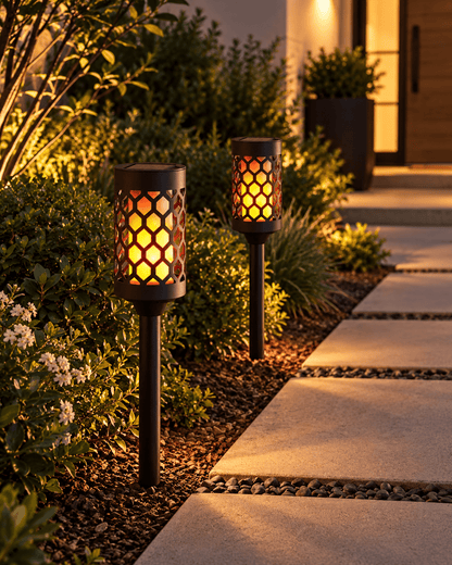 High End Solar Pathway Torch Lights 2-Pack – 20 Lumen, Flickering Flame, Die-Cast Aluminum & Glass - Outdoor Solar Outlet