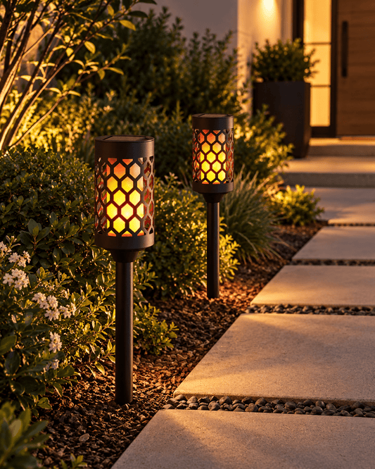 High End Solar Pathway Torch Lights 2-Pack – 20 Lumen, Flickering Flame, Die-Cast Aluminum & Glass - Outdoor Solar Outlet