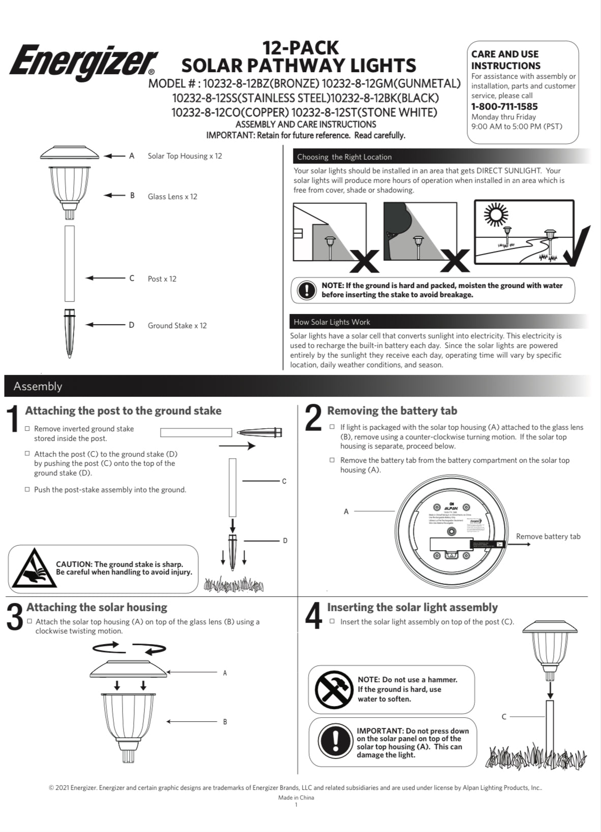 Energizer 12 Pack Solar Pathway Light Set 15-Lumen