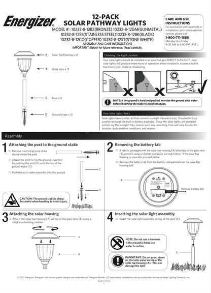 Energizer 12 Pack Solar Pathway Light Set 15-Lumen