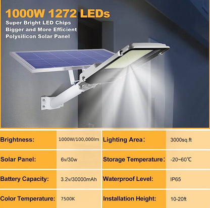 1000W Commercial Solar Street Light Outdoor 100000 Lumens Dusk to Dawn Solar with Remote Control