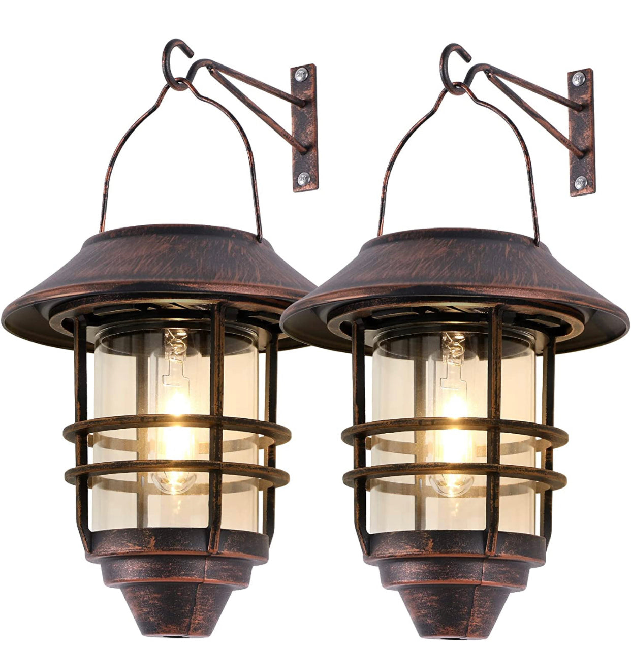 2 Pack Security Solar Hanging Lanterns , Wall/Porch Lights 15 Lumen Heavy Glass & Stainless