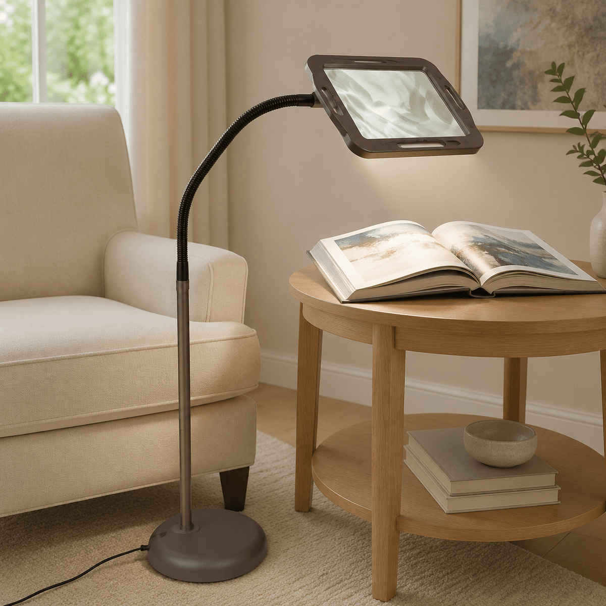 LightView Pro 8X10 - Full Page Magnifying Floor Lamp - Hands Free Magnifier with Bright LED Light for Reading - Flexible Gooseneck Holds Position - Outdoor Solar Outlet