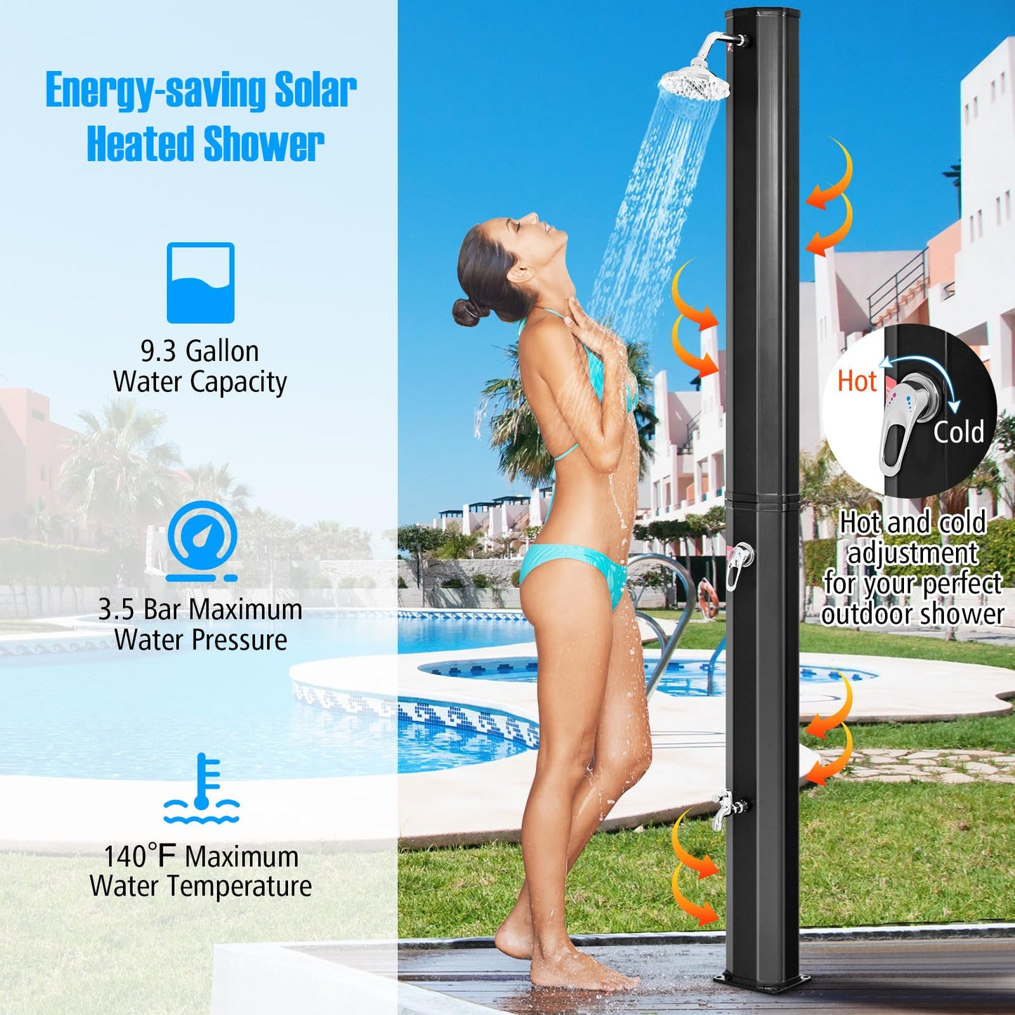 LumenX 10 Gallon Solar Heated Outdoor Shower, 7.2 FT Freestanding Outside Shower with Rotating Shower Head, Temperature Adjustment & Foot Shower - Outdoor Solar Outlet