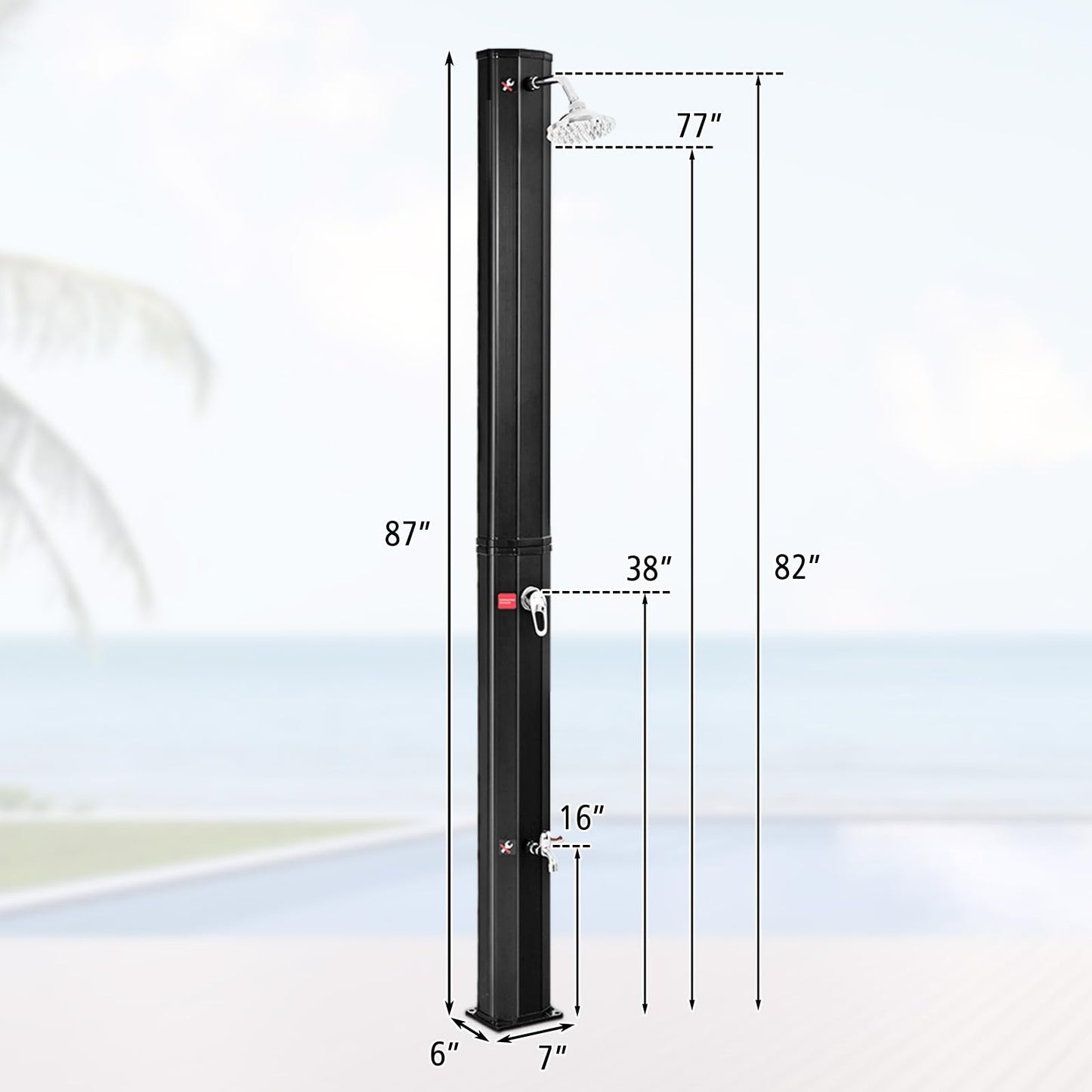 LumenX 10 Gallon Solar Heated Outdoor Shower, 7.2 FT Freestanding Outside Shower with Rotating Shower Head, Temperature Adjustment & Foot Shower - Outdoor Solar Outlet