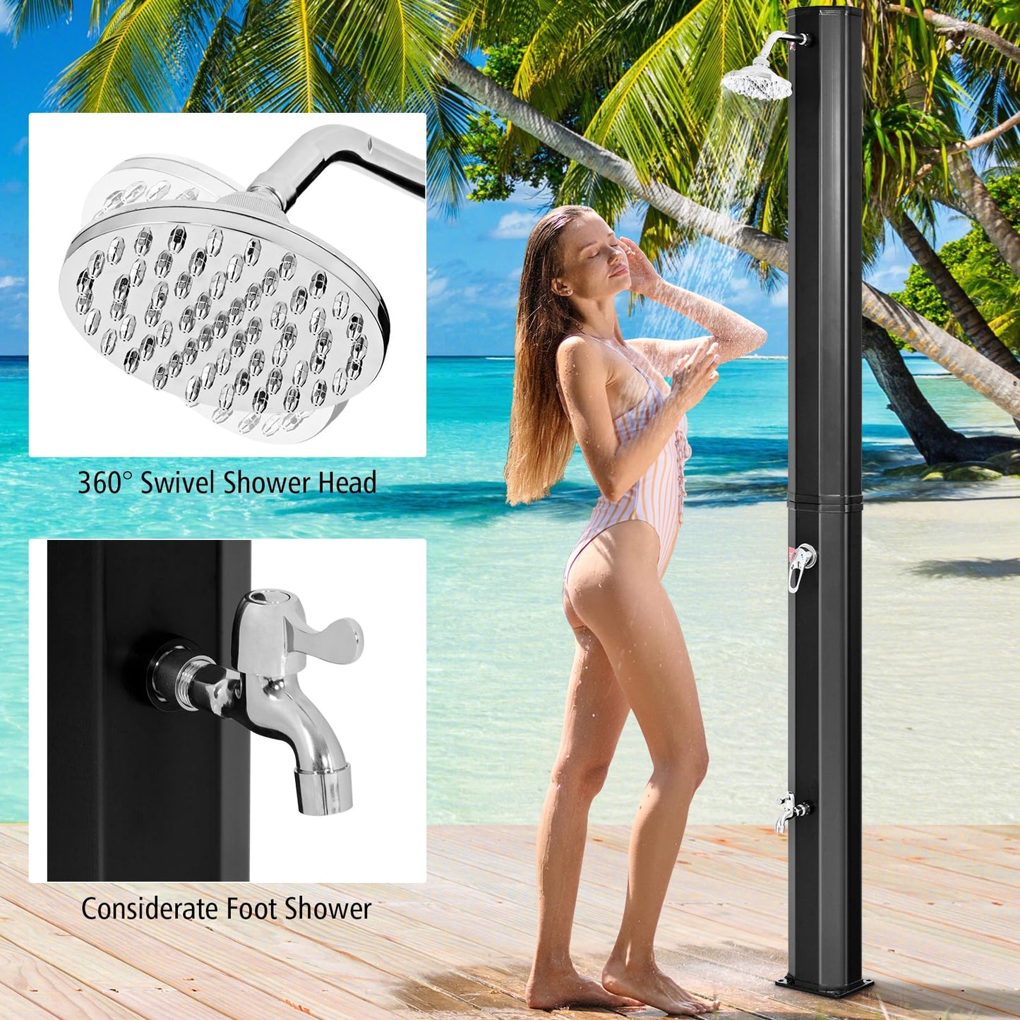 LumenX 10 Gallon Solar Heated Outdoor Shower, 7.2 FT Freestanding Outside Shower with Rotating Shower Head, Temperature Adjustment & Foot Shower - Outdoor Solar Outlet