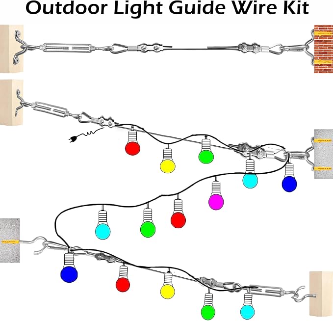 LumenX 165FT Outdoor String Light Hanging Kit – 304 Stainless Steel Guide Wire with Turnbuckles, Cable Clamps, Carabiners and Installation Tools - Outdoor Solar Outlet