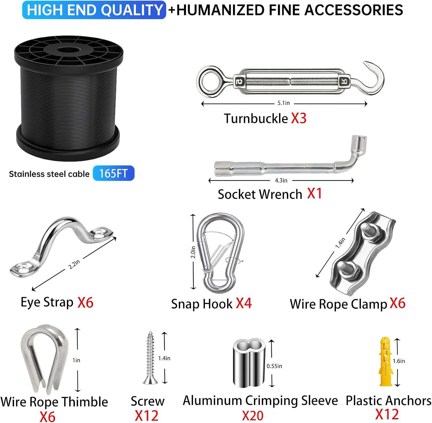 LumenX 165FT Outdoor String Light Hanging Kit – 304 Stainless Steel Guide Wire with Turnbuckles, Cable Clamps, Carabiners and Installation Tools - Outdoor Solar Outlet