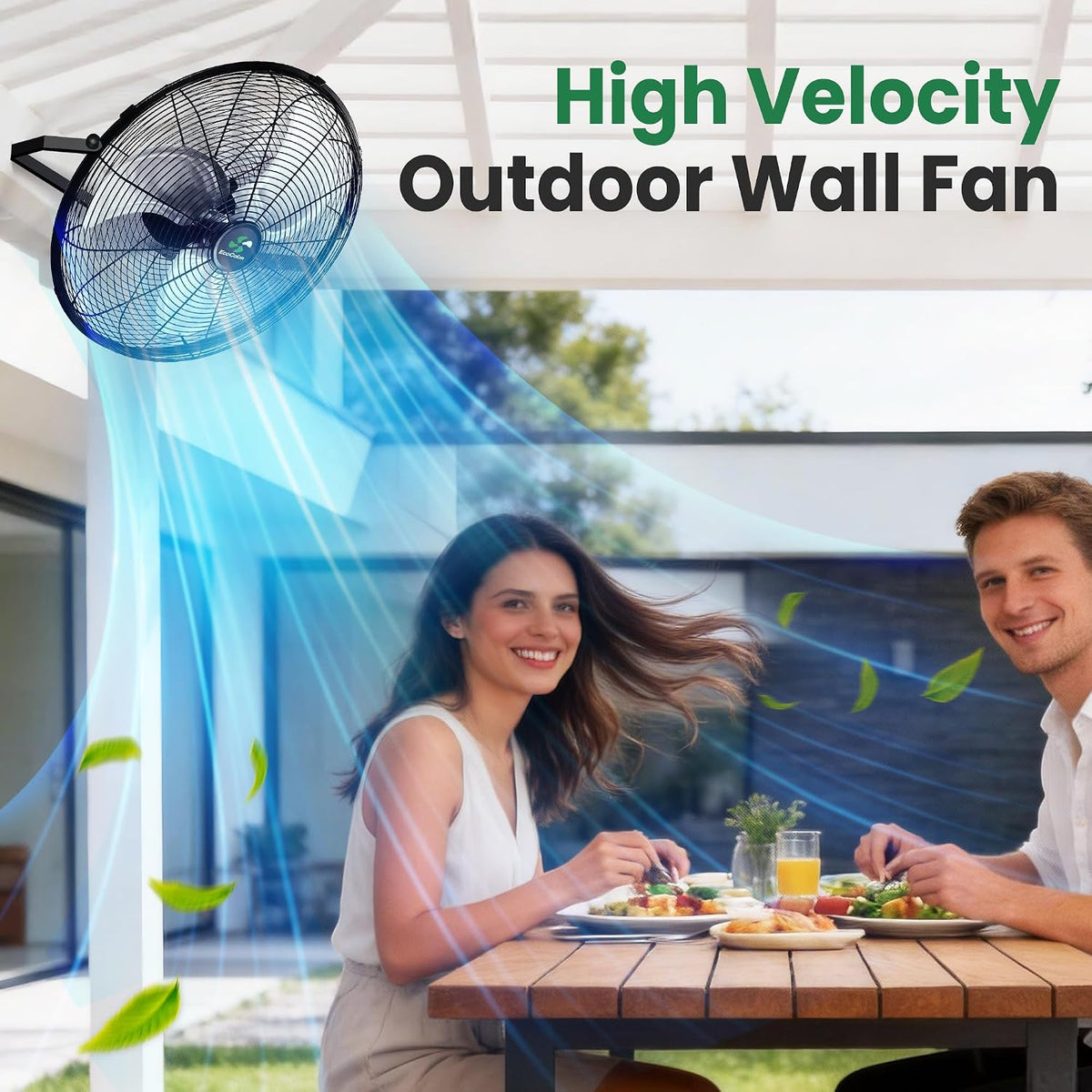 LumenX 18" Solar Powered Outdoor Wall Fan with Battery & Thermostat, 3 Speeds, Metal Construction - Outdoor Solar Outlet