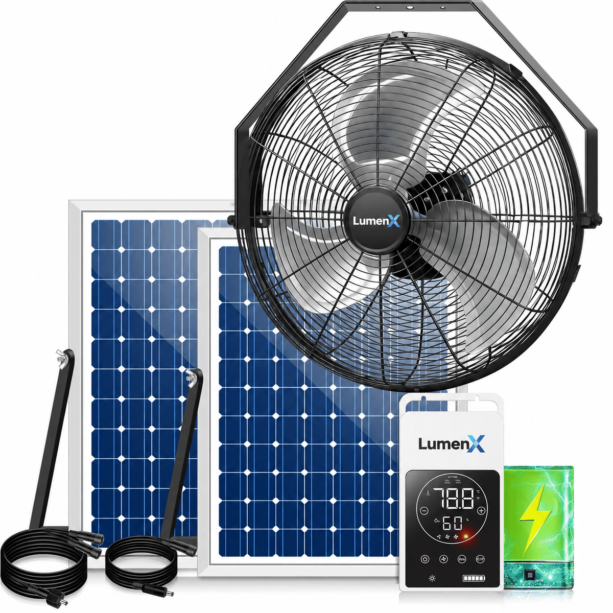 LumenX 18" Solar Powered Outdoor Wall Fan with Battery & Thermostat, 3 Speeds, Metal Construction - Outdoor Solar Outlet