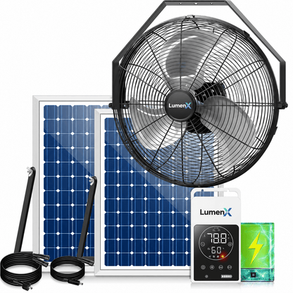 LumenX 18" Solar Powered Outdoor Wall Fan with Battery & Thermostat, 3 Speeds, Metal Construction - Outdoor Solar Outlet