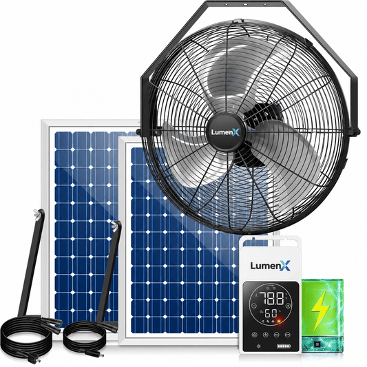 LumenX 18" Solar Powered Outdoor Wall Fan with Battery & Thermostat, 3 Speeds, Metal Construction - Outdoor Solar Outlet