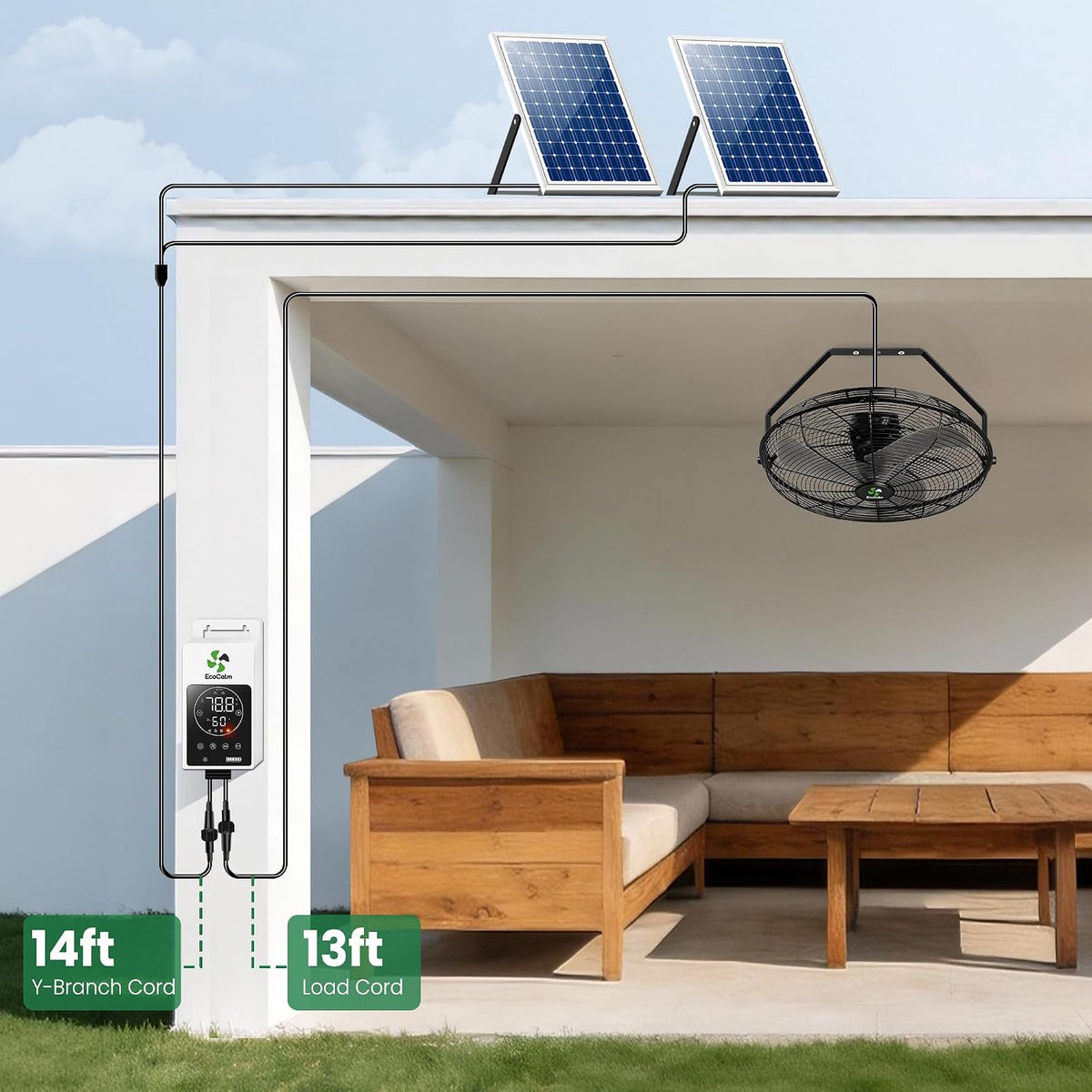 LumenX 18" Solar Powered Outdoor Wall Fan with Battery & Thermostat, 3 Speeds, Metal Construction - Outdoor Solar Outlet