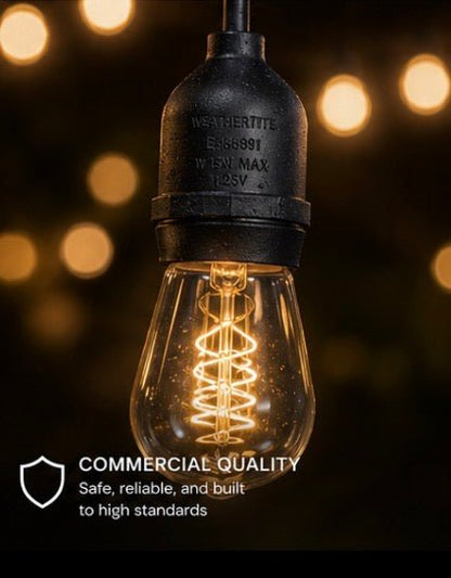 LumenX Pro Plug-In Sting Light - Waterproof LED Outdoor String Lights - 15 Bulbs, Dimmable 2W Vintage Spiral Edison Bulbs - 48 Ft Commercial Grade Patio Lights - Outdoor Solar Outlet