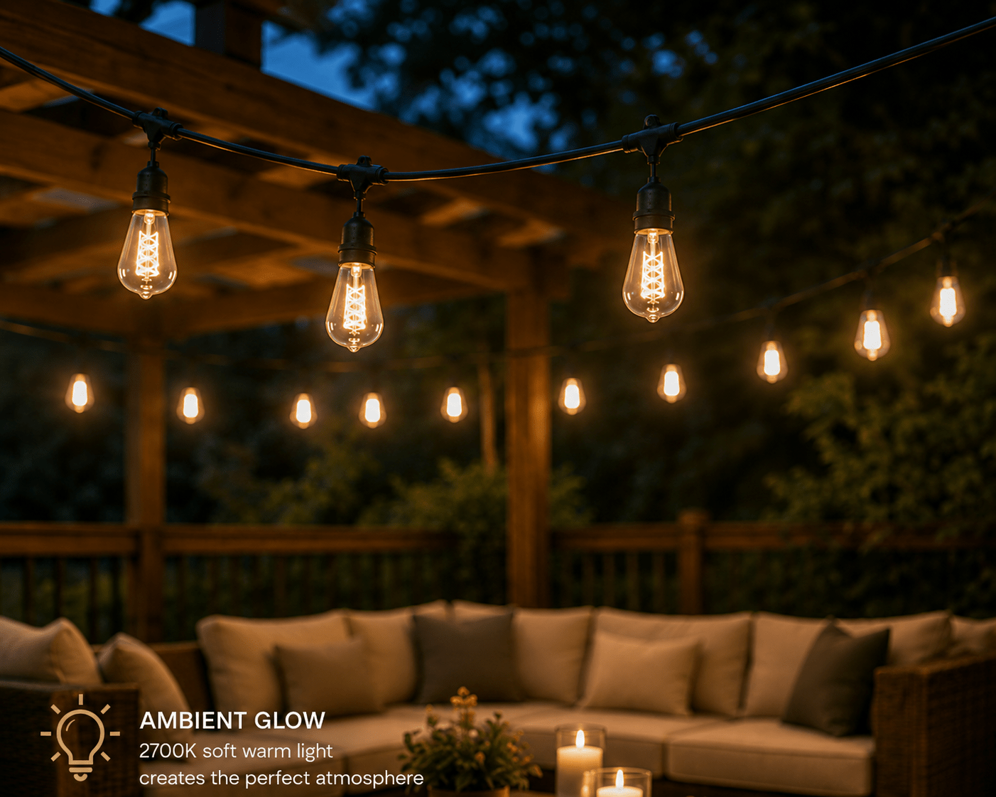 LumenX Pro Plug-In Sting Light - Waterproof LED Outdoor String Lights - 15 Bulbs, Dimmable 2W Vintage Spiral Edison Bulbs - 48 Ft Commercial Grade Patio Lights - Outdoor Solar Outlet
