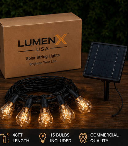 LumenX Pro Solar Spiral Sting Light -Super Bright 48 Ft, 15 Bulbs Waterproof LED Outdoor String Lights 4W Vintage Spiral Edison Bulbs - 48 Ft Commercial Grade Patio Lights - Outdoor Solar Outlet