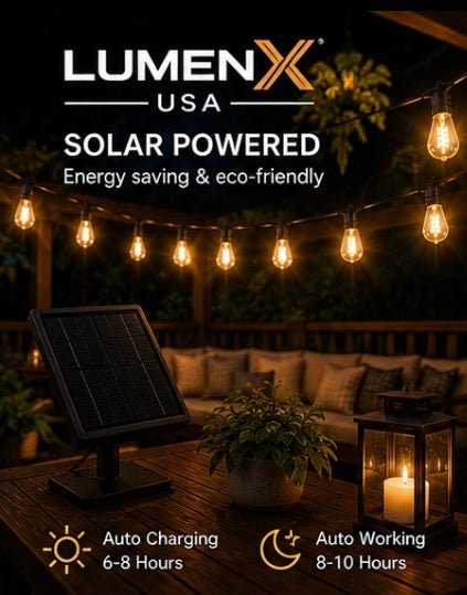 LumenX Pro Solar Spiral Sting Light -Super Bright 48 Ft, 15 Bulbs Waterproof LED Outdoor String Lights 4W Vintage Spiral Edison Bulbs - 48 Ft Commercial Grade Patio Lights - Outdoor Solar Outlet