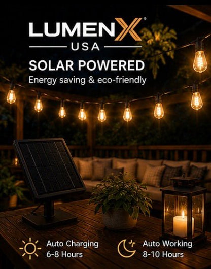 LumenX Pro Solar Spiral Sting Light -Super Bright 48 Ft, 15 Bulbs Waterproof LED Outdoor String Lights 4W Vintage Spiral Edison Bulbs - 48 Ft Commercial Grade Patio Lights - Outdoor Solar Outlet