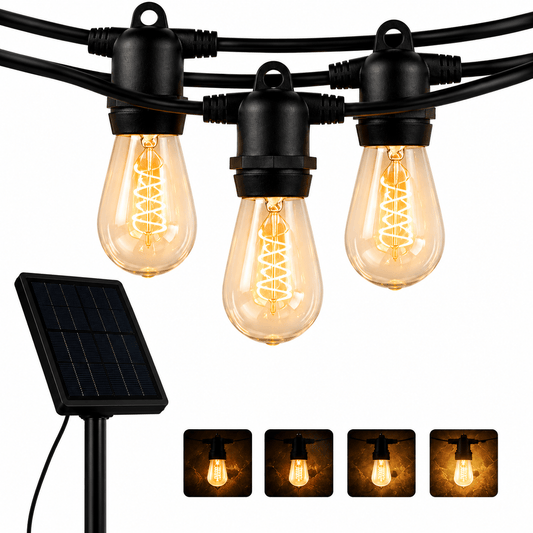 LumenX Pro Solar Spiral Sting Light -Super Bright 48 Ft, 15 Bulbs Waterproof LED Outdoor String Lights 4W Vintage Spiral Edison Bulbs - 48 Ft Commercial Grade Patio Lights - Outdoor Solar Outlet