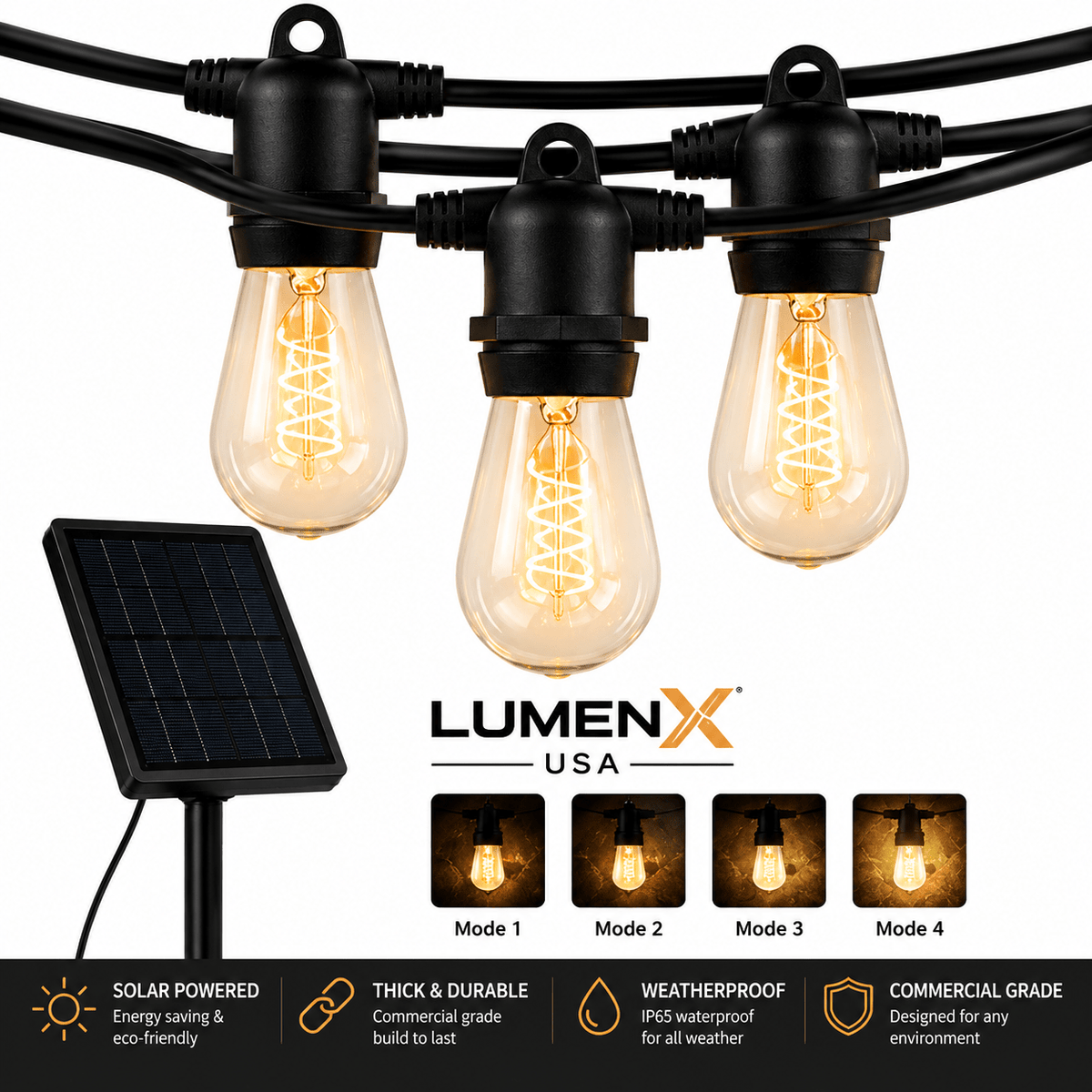 LumenX Pro Solar Spiral Sting Light -Super Bright 48 Ft, 15 Bulbs Waterproof LED Outdoor String Lights 4W Vintage Spiral Edison Bulbs - 48 Ft Commercial Grade Patio Lights - Outdoor Solar Outlet