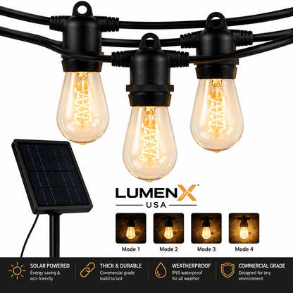 LumenX Pro Solar Spiral Sting Light -Super Bright 48 Ft, 15 Bulbs Waterproof LED Outdoor String Lights 4W Vintage Spiral Edison Bulbs - 48 Ft Commercial Grade Patio Lights - Outdoor Solar Outlet