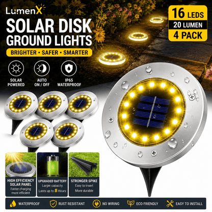 LumenX Solar Garden Disk Lights 16LED Solar Ground Lights Underground Lights,4 Pack-20 Lumen - Outdoor Solar Outlet