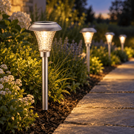 LumenX Solar LED Pathway Lights, Silver Stainless-Steel Finish, 18.5-Inch Outdoor Garden Lights – 16-Pack - Outdoor Solar Outlet