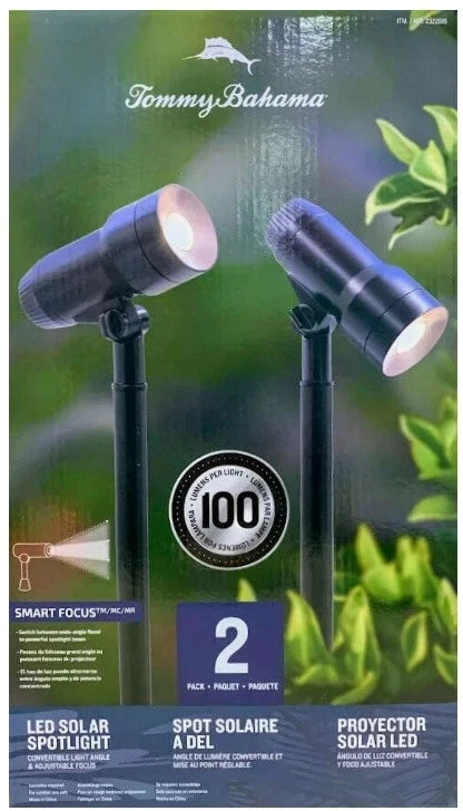 Tommy Bahama Solar LED Landscape Spotlights with Remote Solar Panels – 100 Lumens, 2-Pack