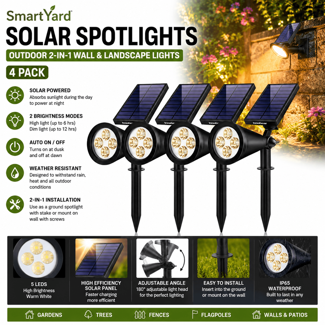 SmartYard Solar SpotLights Outdoor, Waterproof Solar Powered Landscape 2-in-1 Wall Light Auto On/Off , Pack of 4 - Outdoor Solar Outlet