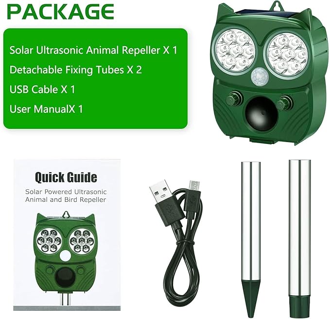 Solar Animal Repeller – Ultrasonic Pest Deterrent with Motion Sensor, LED Flashing Light, 5 Modes, Solar + USB Charging - Outdoor Solar Outlet