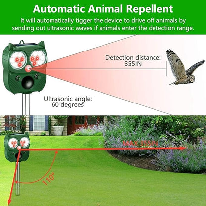 Solar Animal Repeller – Ultrasonic Pest Deterrent with Motion Sensor, LED Flashing Light, 5 Modes, Solar + USB Charging - Outdoor Solar Outlet