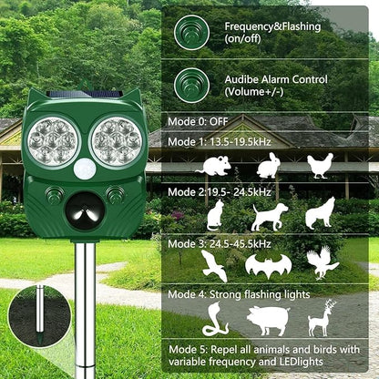 Solar Animal Repeller – Ultrasonic Pest Deterrent with Motion Sensor, LED Flashing Light, 5 Modes, Solar + USB Charging - Outdoor Solar Outlet