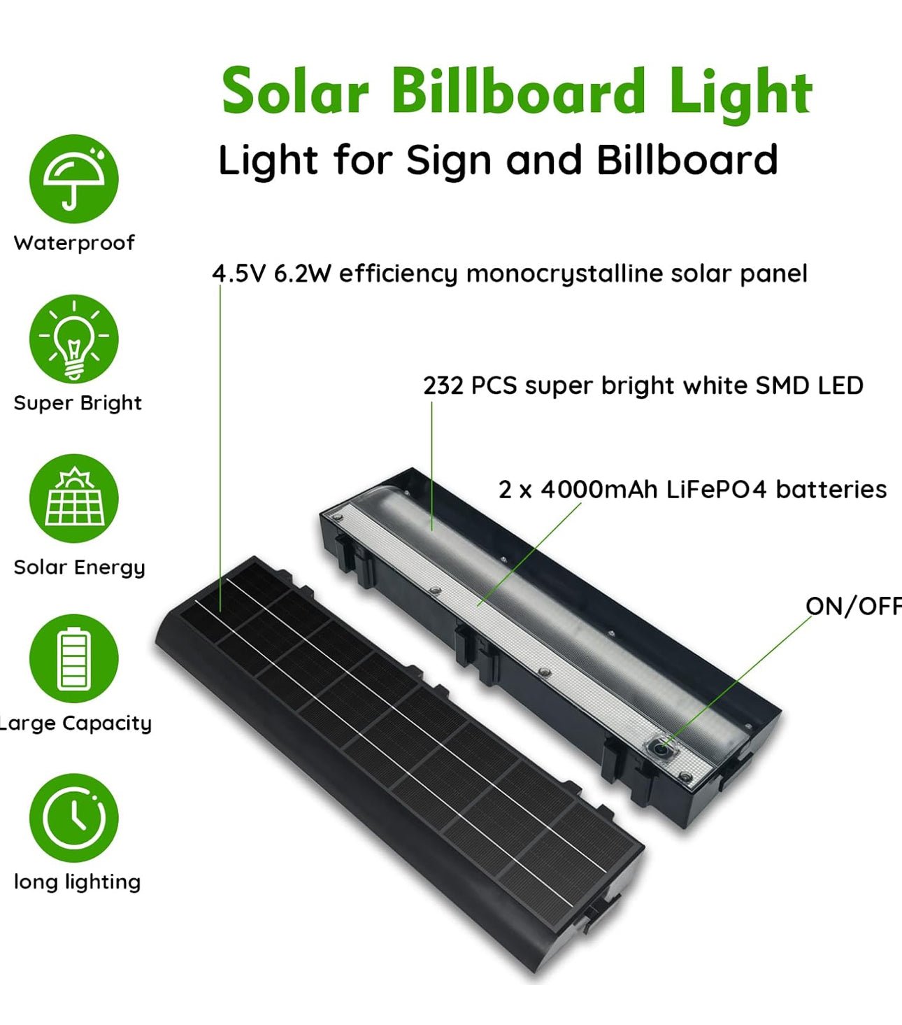 Solar Billboard Sign Lights Outdoor, 232 led Super Bright Sign light, Adjustable Bracket & Wall Mount 2-in-1 Commercial Billboart Lighting for Bussiness, Real Estate, Shop, Bus Stop, HOA, Highway Signs - Outdoor Solar Outlet
