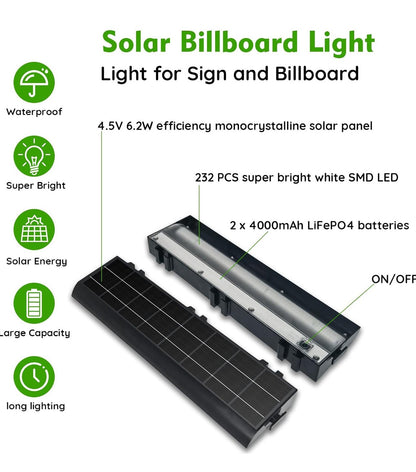Solar Billboard Sign Lights Outdoor, 232 led Super Bright Sign light, Adjustable Bracket & Wall Mount 2-in-1 Commercial Billboart Lighting for Bussiness, Real Estate, Shop, Bus Stop, HOA, Highway Signs - Outdoor Solar Outlet