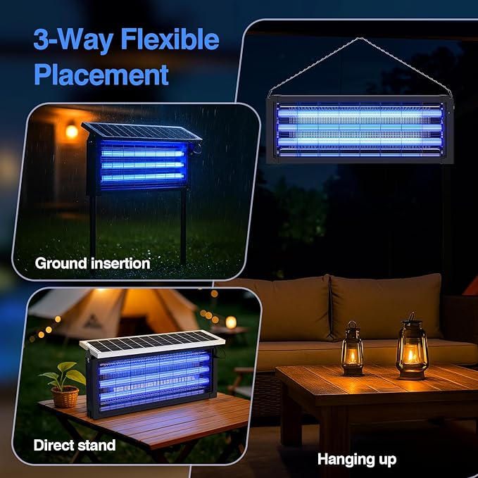 Solar Bug Zapper Outdoor, Wireless Portable Camping Mosquito Zapper 4500V For 3500 Sq.ft with Panel Sensor, Fly Traps with 10FT Extension Cord - Outdoor Solar Outlet