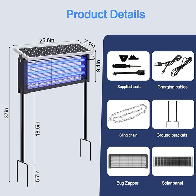 Solar Bug Zapper Outdoor, Wireless Portable Camping Mosquito Zapper 4500V For 3500 Sq.ft with Panel Sensor, Fly Traps with 10FT Extension Cord - Outdoor Solar Outlet