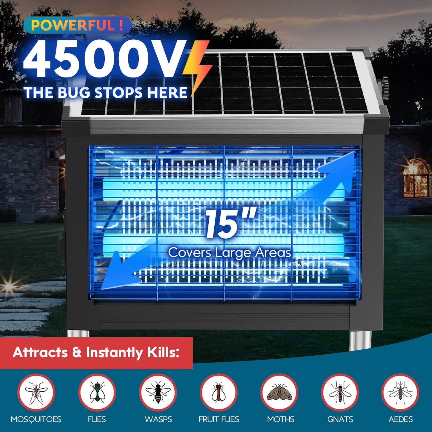 Solar Bug Zapper Outdoor, Wireless Portable Camping Mosquito Zapper 4500V For 3500 Sq.ft with Panel Sensor, Fly Traps with 10FT Extension Cord - Outdoor Solar Outlet