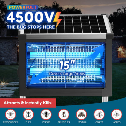 Solar Bug Zapper Outdoor, Wireless Portable Camping Mosquito Zapper 4500V For 3500 Sq.ft with Panel Sensor, Fly Traps with 10FT Extension Cord - Outdoor Solar Outlet