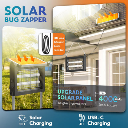 Solar Bug Zapper Outdoor, Wireless Portable Camping Mosquito Zapper 4500V For 3500 Sq.ft with Panel Sensor, Fly Traps with 10FT Extension Cord - Outdoor Solar Outlet