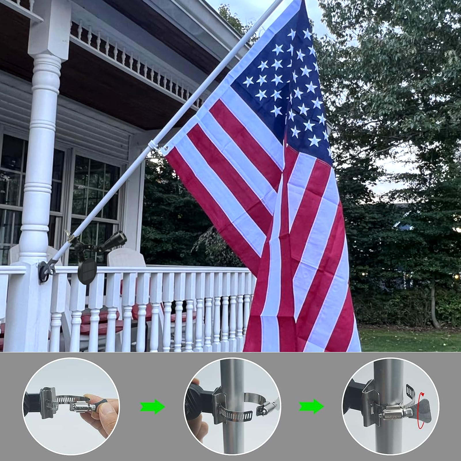 Solar Flag Pole Light, Flagpole Light Solar Powered, Super Bright PC Crystal LED Spotlight, Adjustable Bracket & Metal Clamp Fits 1-1.5" Flagpole - Outdoor Solar Outlet