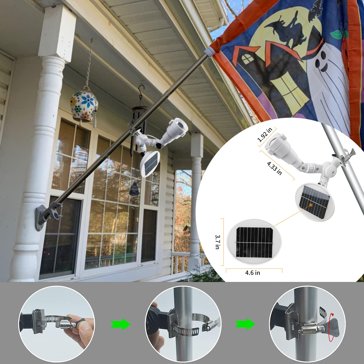 Solar Flag Pole Light, Flagpole Light Solar Powered, Super Bright PC Crystal LED Spotlight, Adjustable Bracket & Metal Clamp Fits 1-1.5" Flagpole - Outdoor Solar Outlet