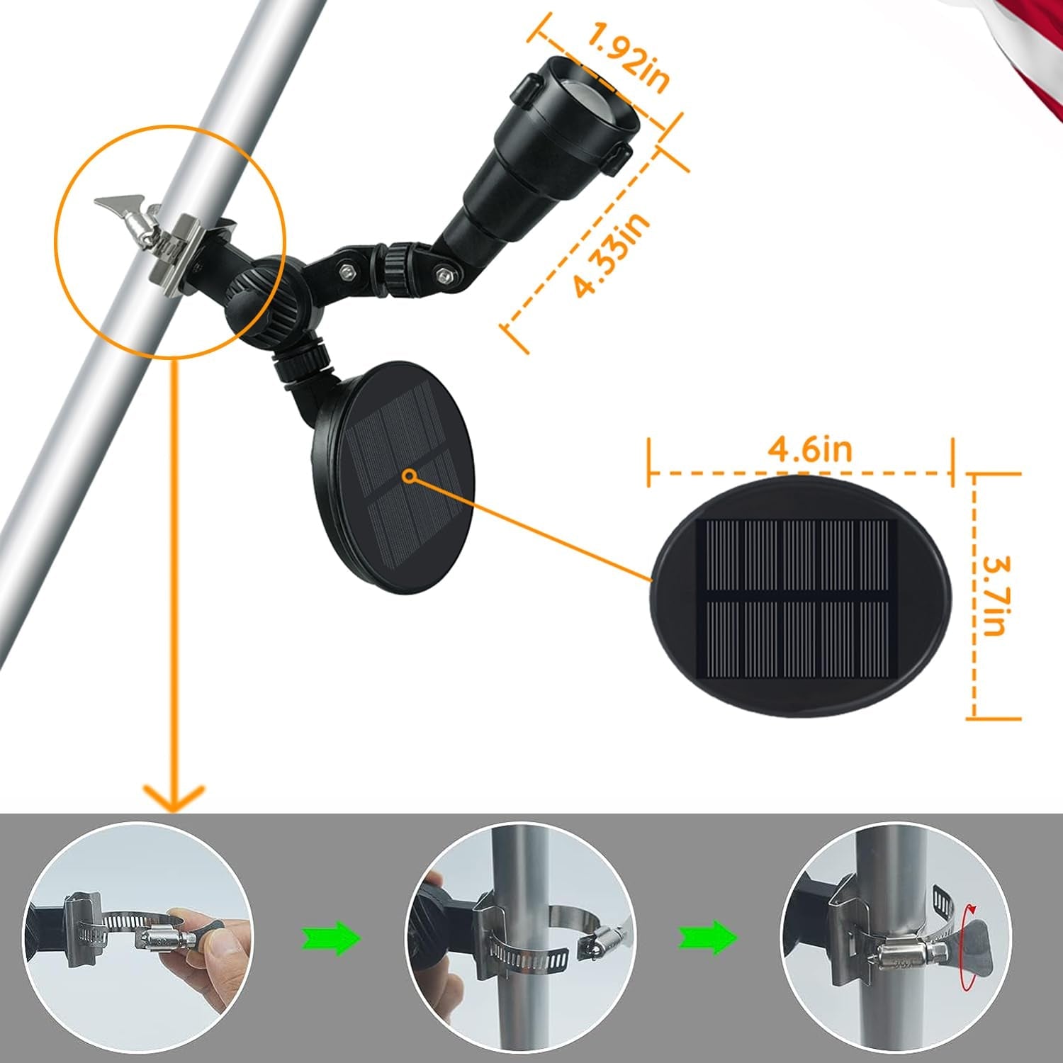 Solar Flag Pole Light, Flagpole Light Solar Powered, Super Bright PC Crystal LED Spotlight, Adjustable Bracket & Metal Clamp Fits 1-1.5" Flagpole - Outdoor Solar Outlet