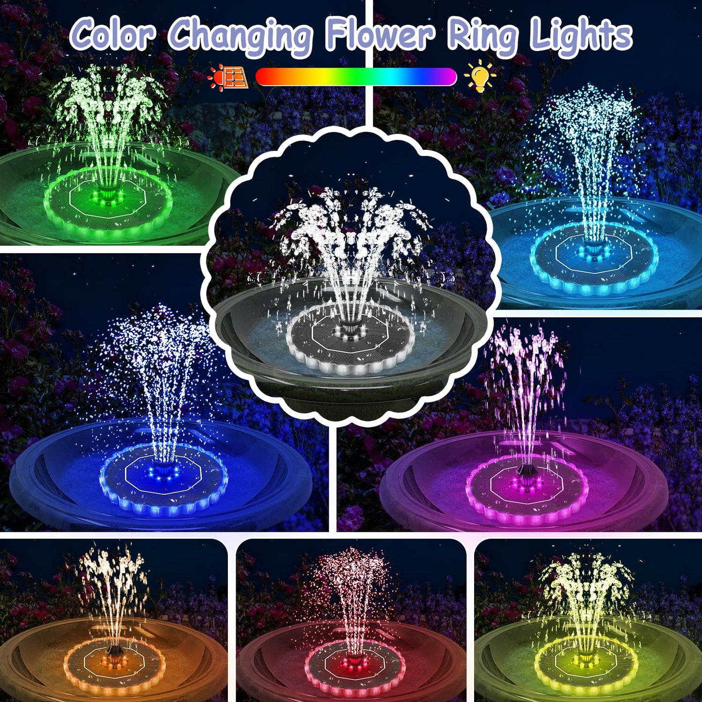 Solar Fountain Colorful Ring Lights, 2026 3.5W Solar Water Fountain with 2000mah Battery, Solar Fountain Pump for Bird Bath, Pond, Pool, Outdoor - Outdoor Solar Outlet